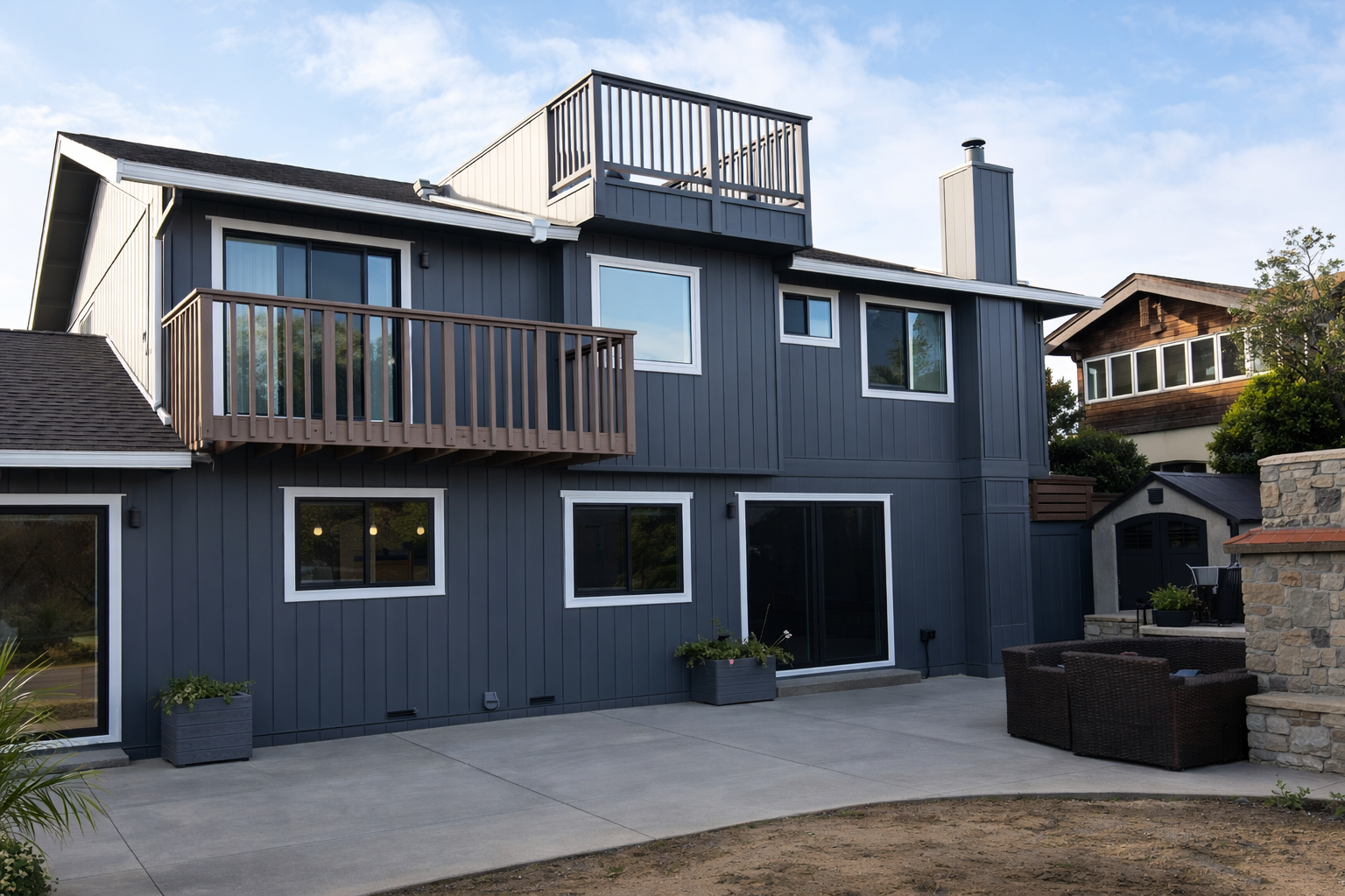Blue home with balcony